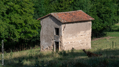vieille maison en ruine vue en contre-bas avec mur en pisé dans un champ  entourée de forêt