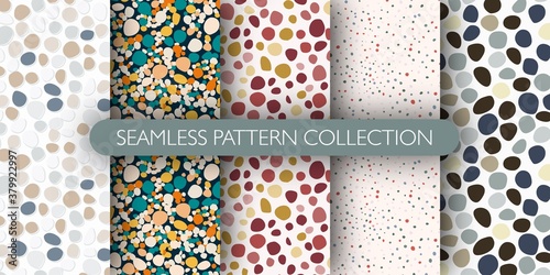 Set of pebble seamless doodle patern. Abstract stones backdrop collection.