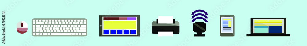 set of printer, keyboard and technology cartoon icon design template with various models. vector illustration isolated on blue background set of printer, keyboard and technology cartoon icon design template with various models. vector illustration isolated on blue background