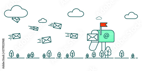 Mailbox vector illustration in flat style. correspondence, sky and clouds. cover page background.