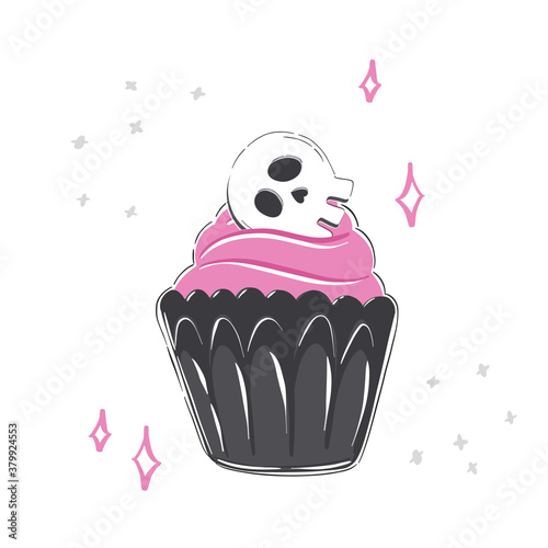Halloween illustration with cupcake, pink icing and scull on white background. pink and black color. Cute and scary
