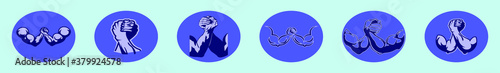set of arm wrestling cartoon icon design template with various models. vector illustration isolated on blue background