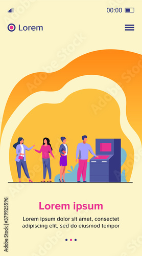 People waiting in queue for bank machine vector illustration. Customers standing in line for payment. Withdrawing money in bank