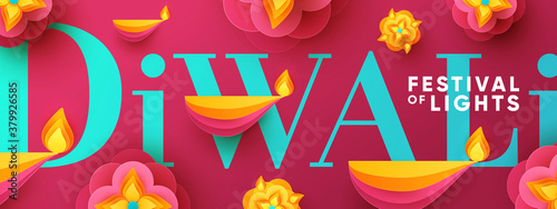 Diwali Hindu festival greeting design in paper cut style with oil lamps and beautiful bright flower of lights. Holiday background for branding greeting card, header, banner, cover, flyer or poster