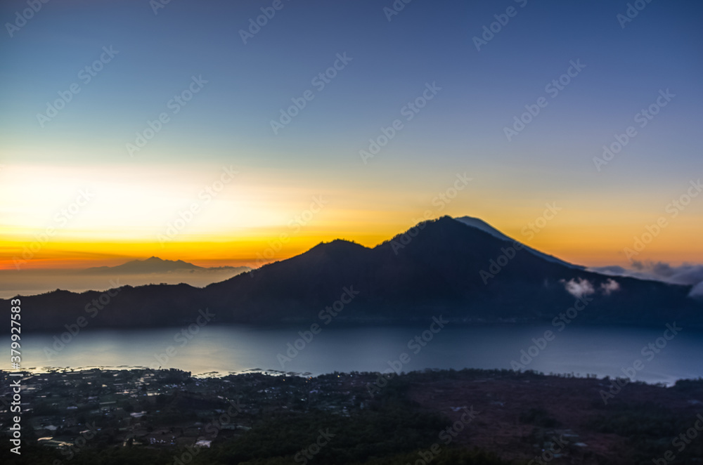 Sunrise panorama view from top of Batur volcano