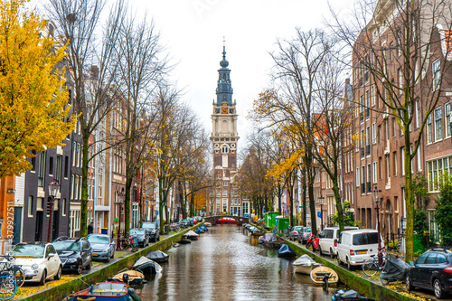Beautiful canals and buildings near Nieuwmarkt  in Amsterdam , Netherlands