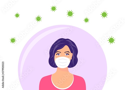 Woman in protective face mask. The female character wearing protection from virus, smog, urban air pollution. Coronavirus quarantine concept. Vector illustration in a flat style.