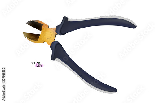 Realistic Open Wire cutters with rubber, plastic handles isolated on white background. For removing nails from wood. Modern carpenters hand tool for repair and construction. Vector illustration
