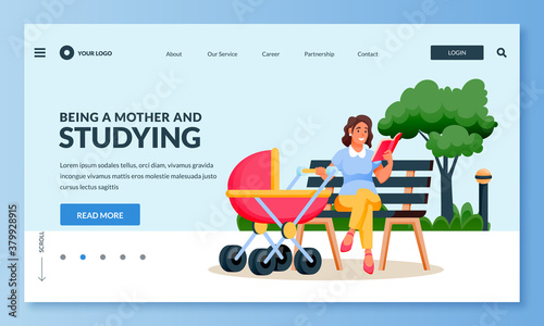 Mother or babysitter sitting on bench and reading book while baby sleeps in stroller. Vector flat cartoon illustration
