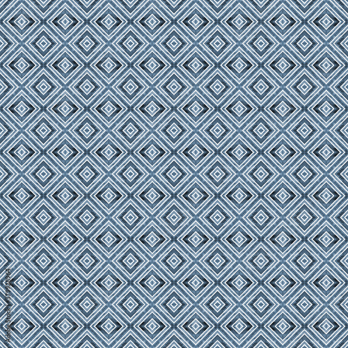 Watercolor geometric rhombus squares seamless pattern. Indigo blue navy stripes on white background