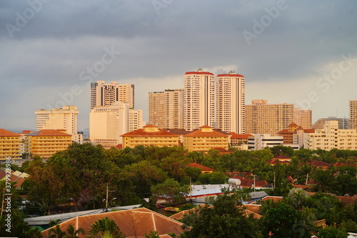 Panoramic view of the city at sunrise.