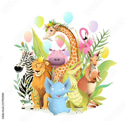 Group of African safari animals celebrating birthday or other party event, congratulation greeting card for kids. Children 3d cartoon with zebra elephant lion giraffe hippo kangaroo croc. Vector card.