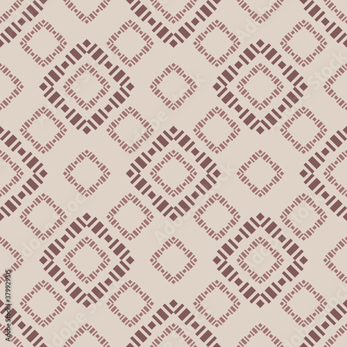 Geometric square texture. Abstract vector seamless pattern with small rhombuses, diamonds, squares. Elegant geo background. Brown and beige ornament. Repeat design for decor, wallpaper, fabric, print