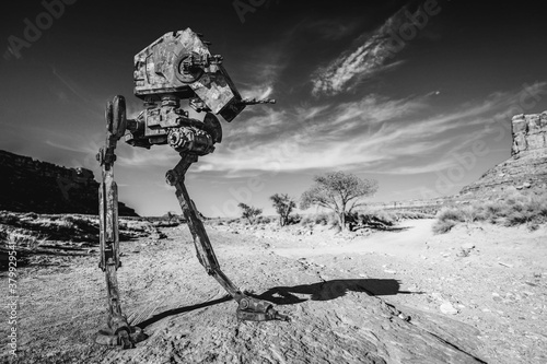 3D render of a robot in the field b&w