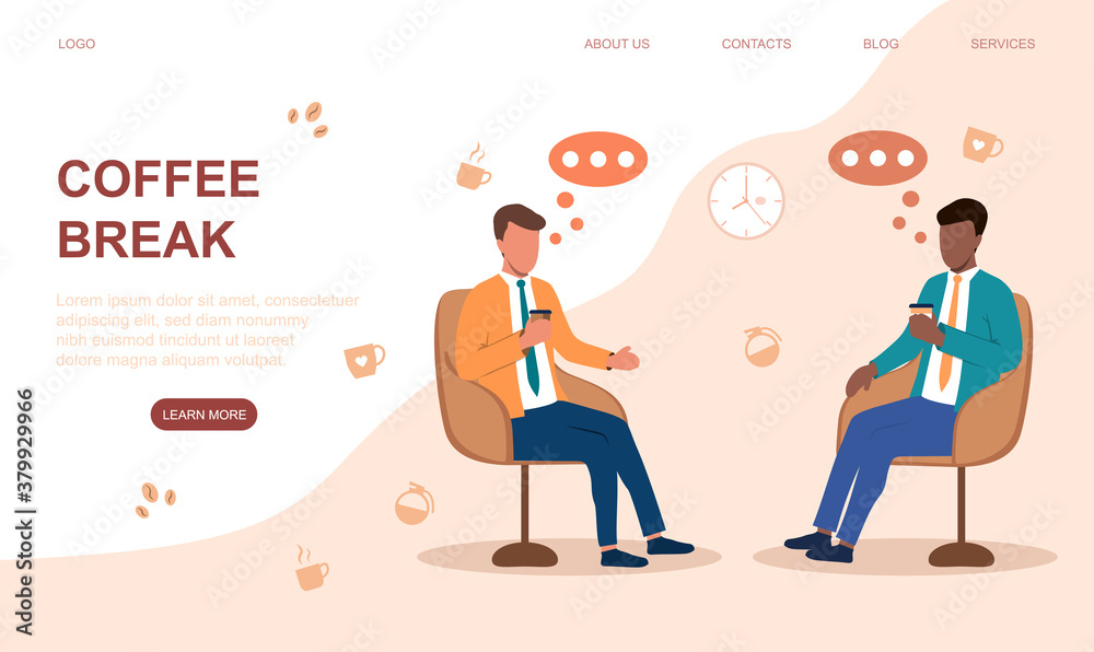 Obraz premium Two diverse businessmen sitting in arm chairs drinking coffe and talking. Coffe break and business communication concept. Web page template. Web site vector illustration.