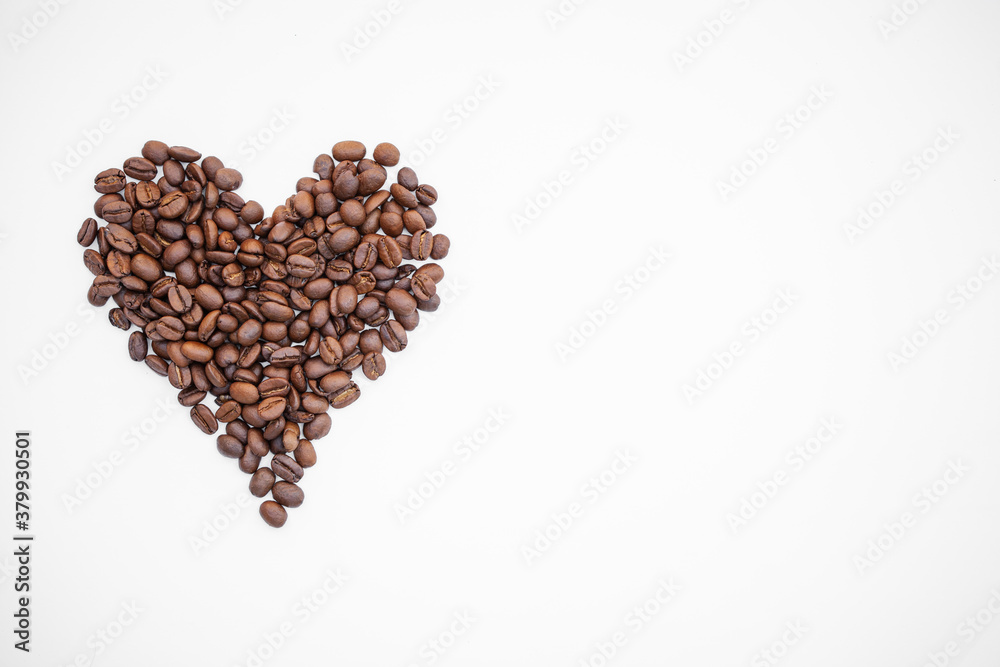 Coffee beans heart isolated on white background. Coffee beans in shape of heart