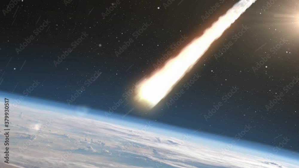 Asteroids Meteors burns in atmosphere Earth, Realistic vision
Meteors burning on fire while entering earth blue atmosphere
