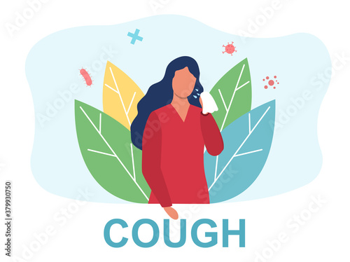 A medical poster depicting a young woman suffering from cold symptoms with icons of viruses, bacillus and bacteria flying around her. Medical care concept. Flat Vector illustration