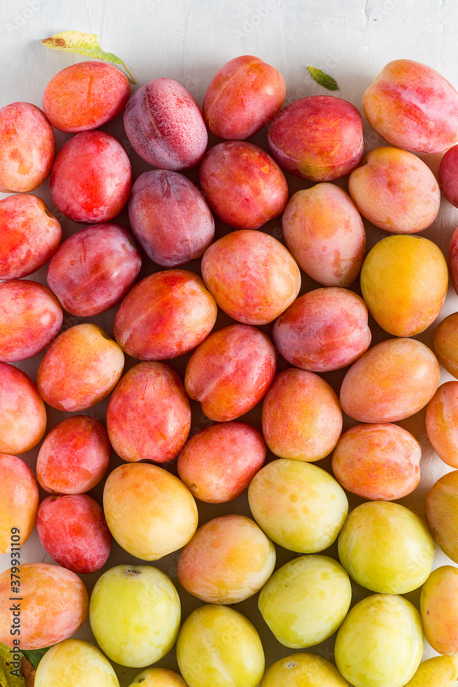 Healthy fresh plums on delicate background.