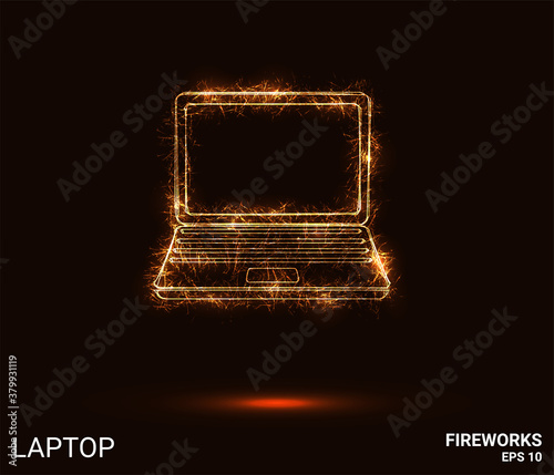 Laptop fireworks. A laptop is made up of sparks and fire. Festive bright fireworks. Decorative element for celebrations and holidays. Vector illustration.