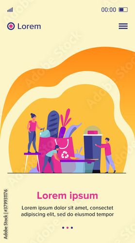 People shopping with eco friendly bag flat vector illustration. Sustainable plastic and organic food. Environment, future and recycling concept.