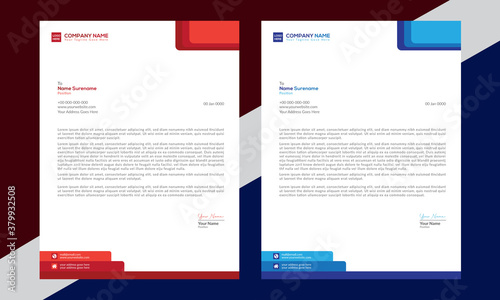 Personal corporate letterhead design template. Red and blue color unique letterhead template