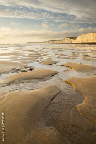 The Seven Sisters chalk cliffs from Birling Gap beach. East Sussex, England