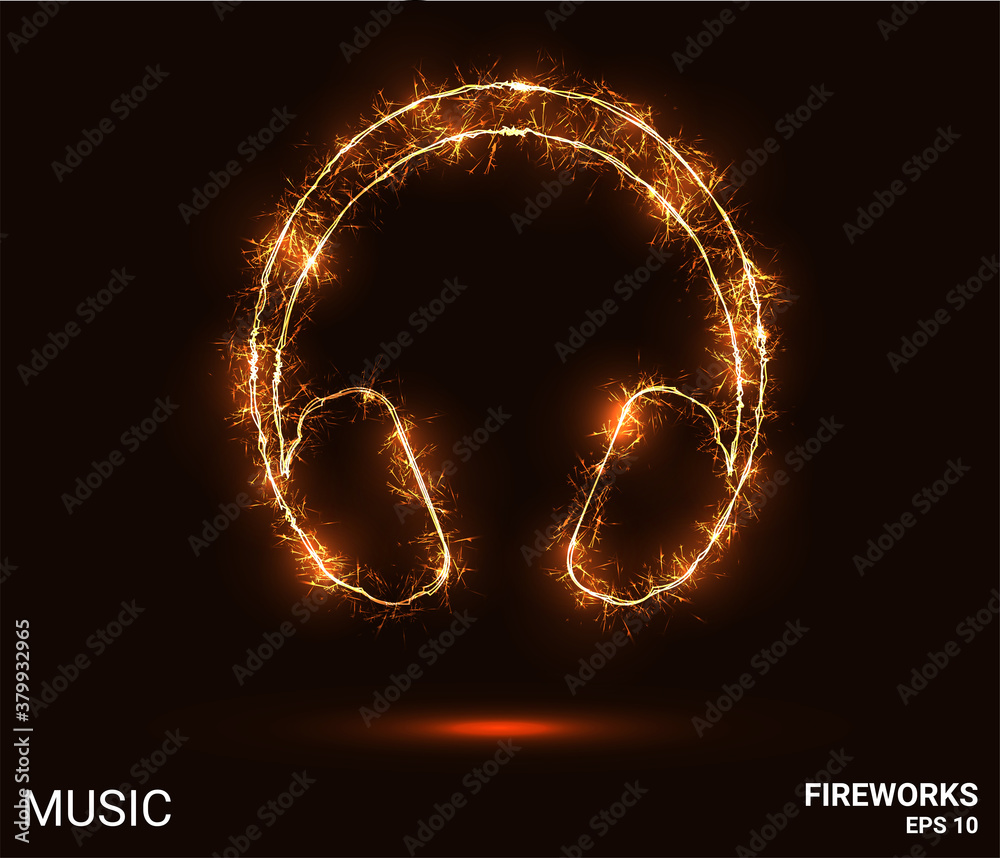 Fireworks headphones. Music consists of sparks and fire. Festive bright fireworks. Decorative element for celebrations and holidays. Vector illustration. Fireworks headphones. Music consists of sparks and fire. Festive bright fireworks. Decorative element for celebrations and holidays. Vector illustration.
