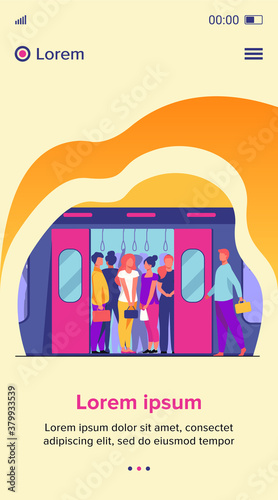 Crowd of commuters traveling by subway train. Metro passengers standing in overcrowding tube carriage. Vector illustration for public transport, commuting, rush hour concept
