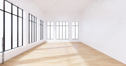 the interior Loft style with white brick wall design on wooden floor.3D rendering