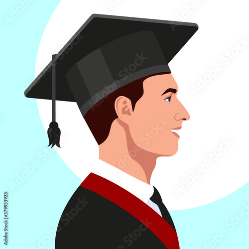 College student, university graduate in graduation cap and celebration gown profile. Vector illustration.