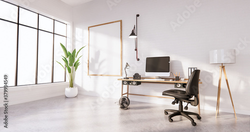 The interior Computer and office tools on mini desk in white concrete floor and white brick wall design. 3D rendering