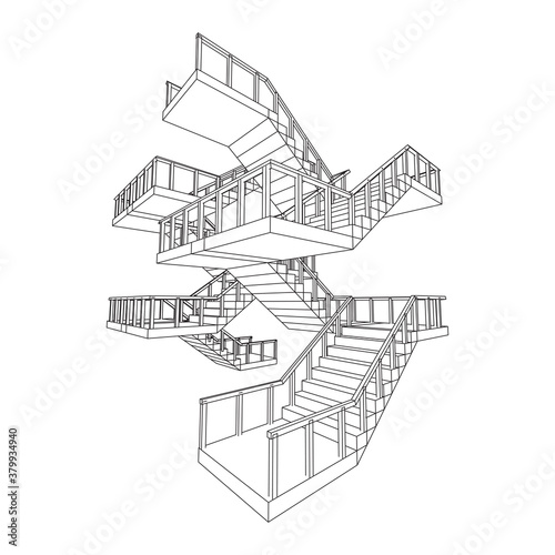 Wireframe stairs, interior staircases steps with railing