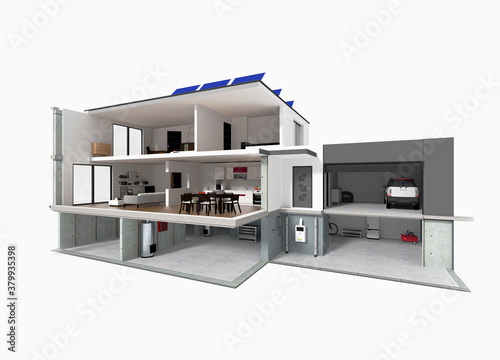 Projet de construction et vue en coupe de l'intérieur d'une belle maison moderne d'architecte avec cave sous-sol étage et garage avec panneaux solaires