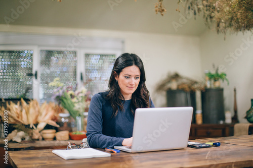 Brunette woman working with the laptop in her eco farm. photo