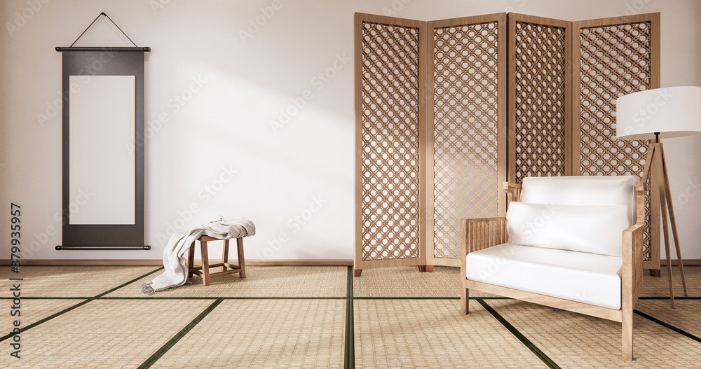 Fototapeta premium Wooden Arm chair and partition japanese on room tropical interior with tatami mat floor and white wall.3D rendering