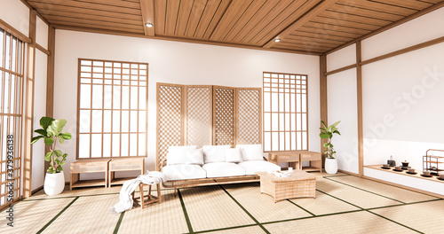 Photography Sofa and partition japanese on room tropical interior with tatami mat floor and white wall