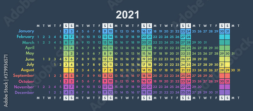 colorful calendar 2021 minimalistic full year grid, each month in line, two weekend days