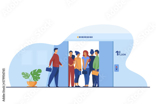 Man coming into overcrowded elevator cabin. Building hall, open doors flat vector illustration. Crowd, people in public place, social distance concept for banner, website design or landing web page