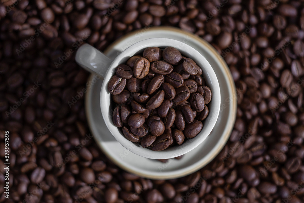 Coffee beans in the coffee cup with morning sunlight top view Coffee beans in the coffee cup with morning sunlight top view