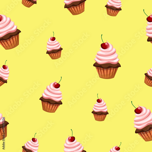 Seamless pattern with various cupcakes on a yellow background. Sweet pastries are decorated with cherries.