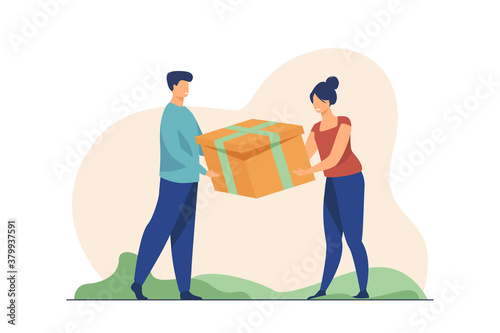 Couple holding gift. Man and woman competing for present, pulling box flat vector illustration. Conflict, competition, relationship concept for banner, website design or landing web page