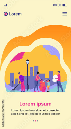 Volunteers community cleaning garbage flat vector illustration. People working in team for city ecology protection. Environment, nature and clean planet concept