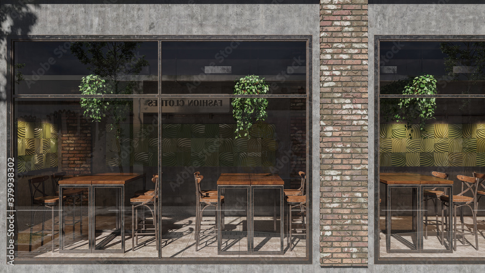 Exterior of a Small Business with Empty Tables and Chairs During the Daytime 3D Rendering