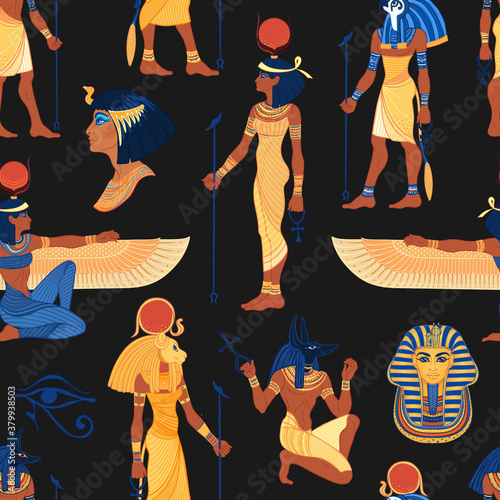 Ancient Egypt. Vintage seamless pattern with Egyptian gods and symbols. Retro hand drawn vector repeating illustration. Ra, Isis, Anubis, Sekhtmet, Cleopatra, pyramid.