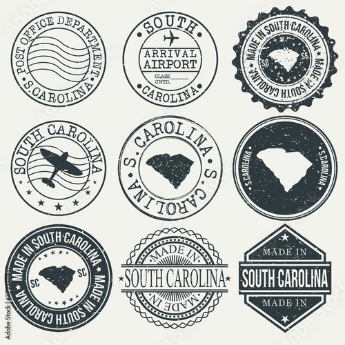 South Carolina Set of Stamps. Travel Stamp. Made In Product. Design Seals Old Style Insignia.