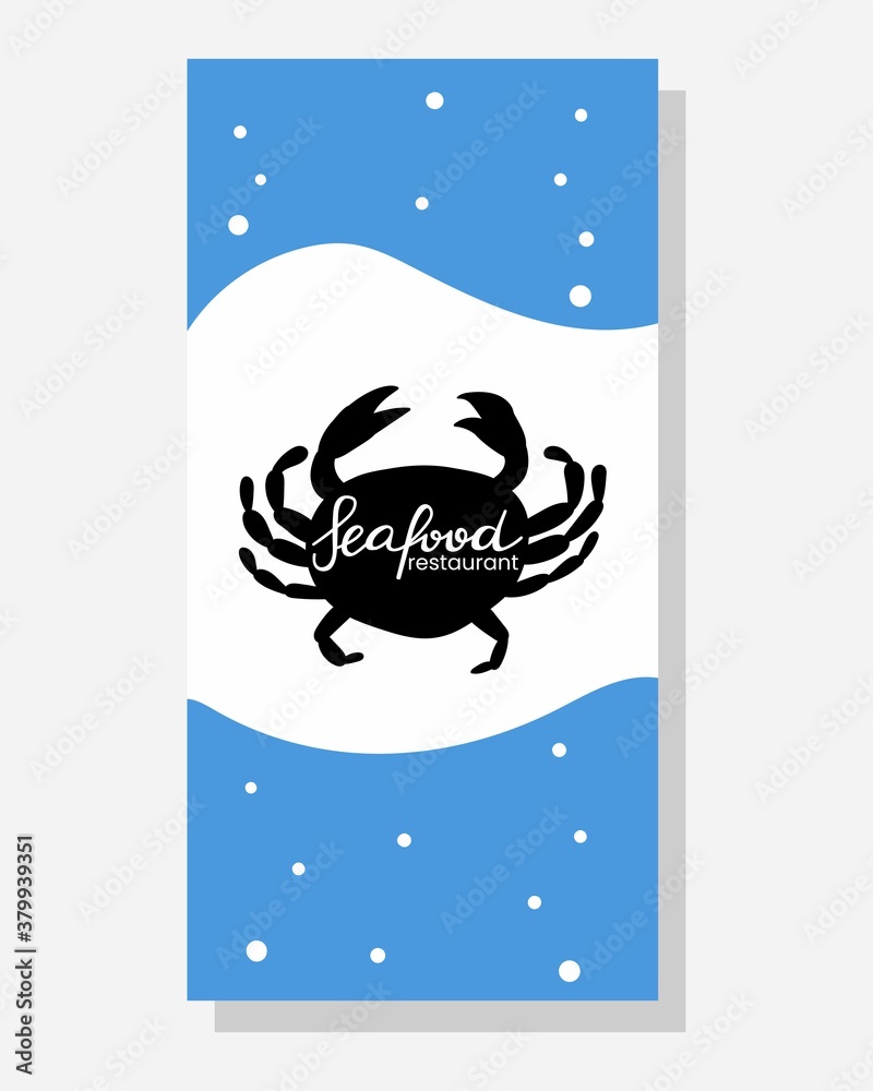 Obraz premium Seafood doodle menu. Cafe, restaurant menus cover, flyer or poster with ocean products. Crab on blue background line vector white vertical illustration