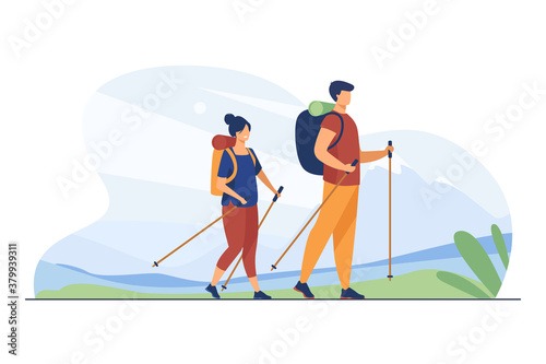 Couple with backpacks walking outdoors. Tourists with Nordic poles hiking in mountains flat vector illustration. Vacation, travel, trekking concept for banner, website design or landing web page