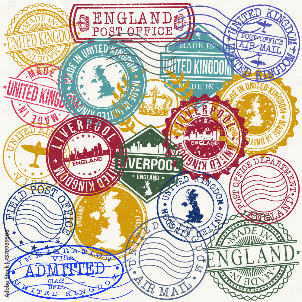 Naklejka premium Liverpool Great Britain Set of Stamps. Travel Stamp. Made In Product. Design Seals Old Style Insignia.