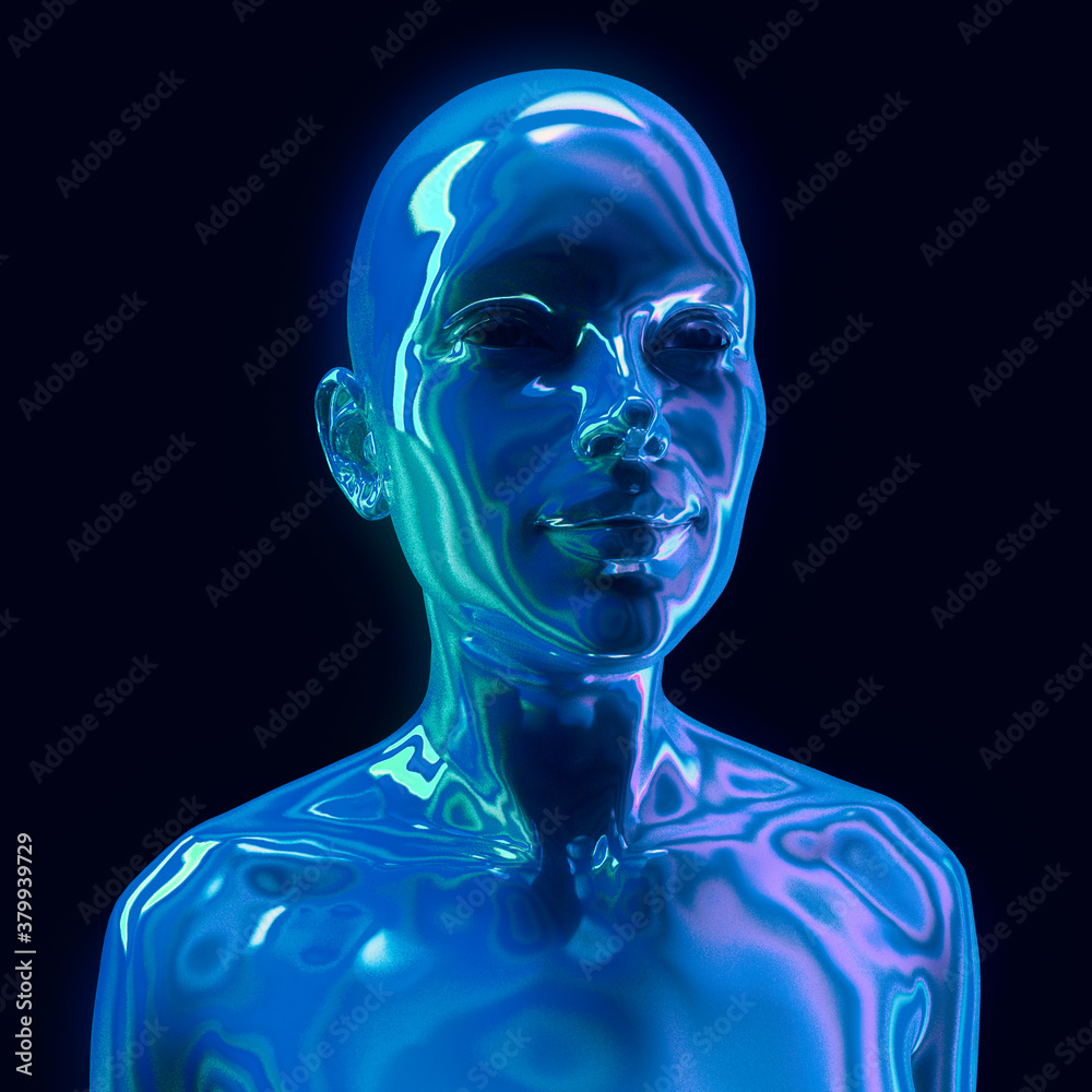 Holographic human bust, robotic head made of glossy iridescent material. 3D render illustration, concept of Artificial intelligence and Futuristic technologies. Holographic human bust, robotic head made of glossy iridescent material. 3D render illustration, concept of Artificial intelligence and Futuristic technologies.